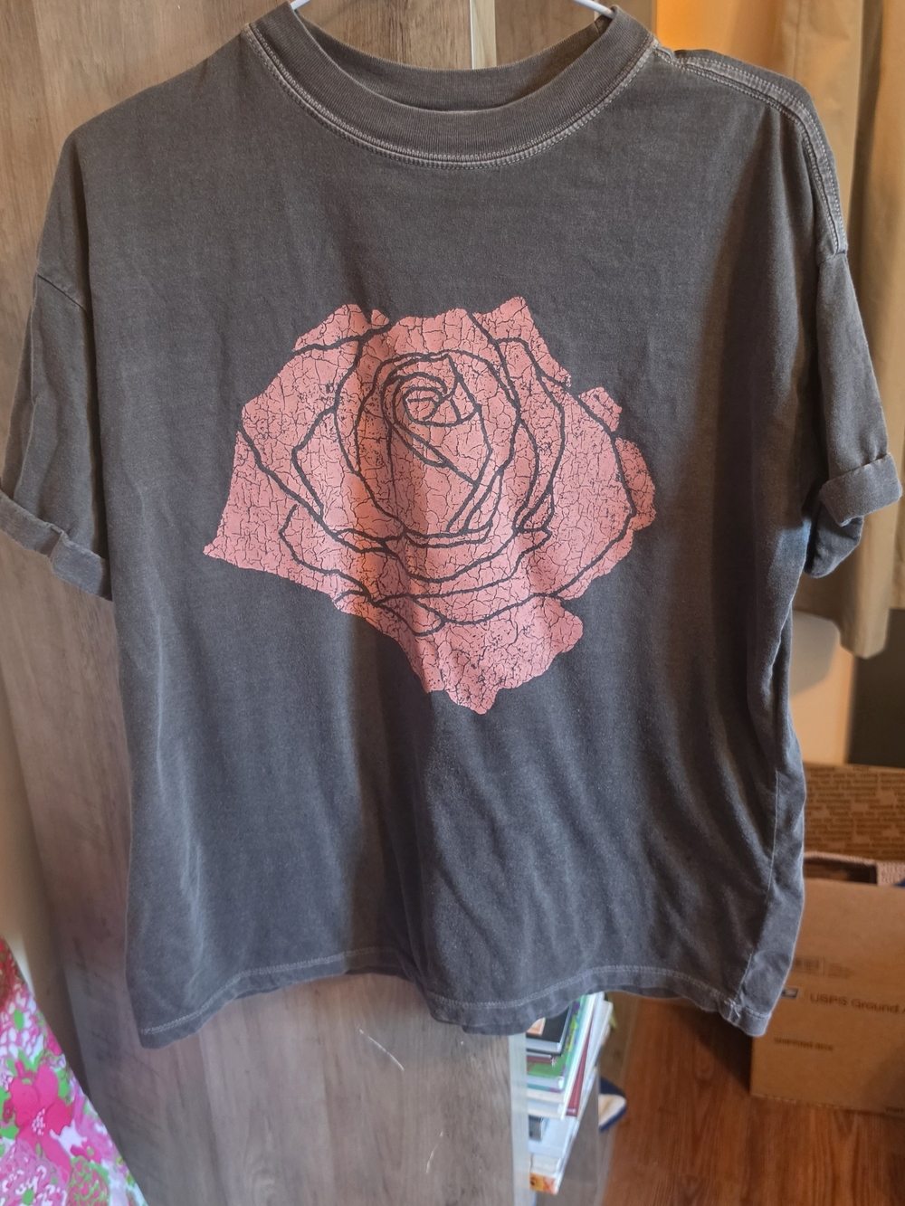 Girl Dangerous Charcoal Short-Sleeve Tee with Pink Rose Graphic Oversized Xs